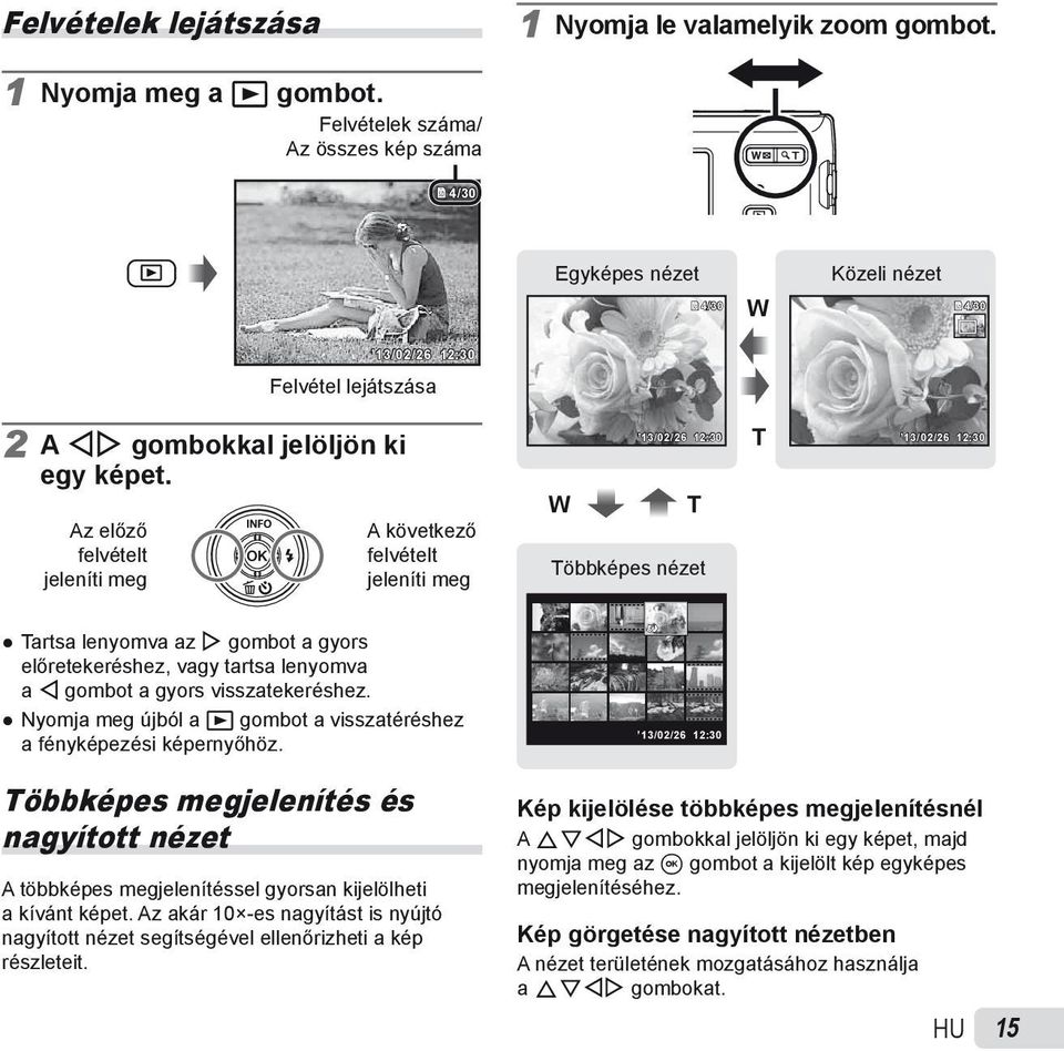 Az előző felvételt jeleníti meg A következő felvételt jeleníti meg 13/02/26 12:30 W T Többképes nézet T 13/02/26 12:30 Tartsa lenyomva az I gombot a gyors előretekeréshez, vagy tartsa lenyomva a H