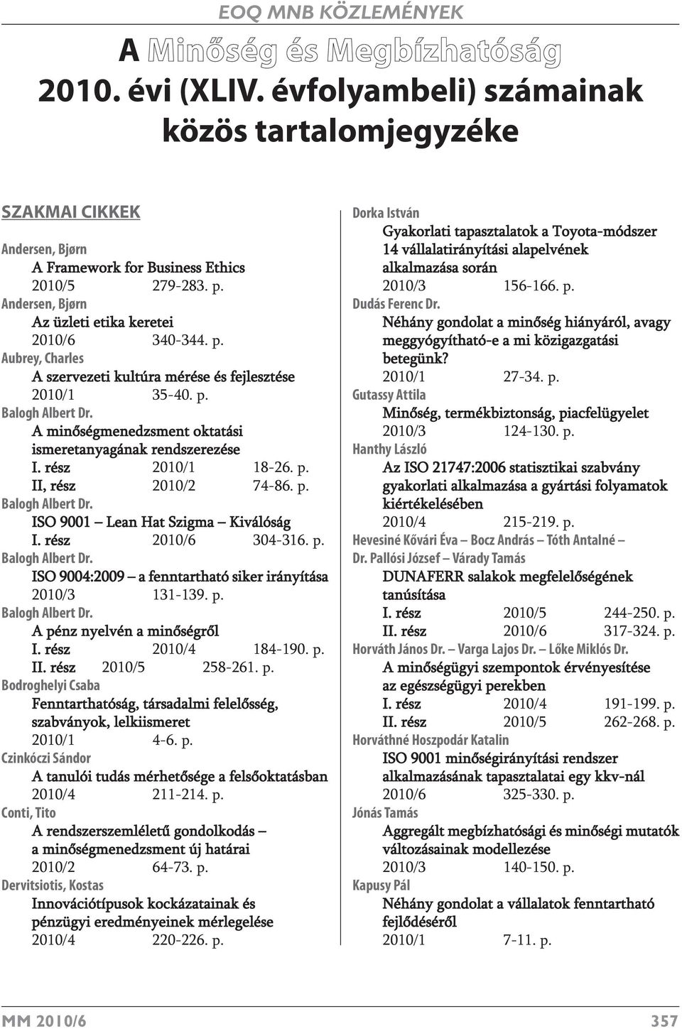 A minőségmenedzsment oktatási ismeretanyagának rendszerezése I. rész 2010/1 18-26. p. II, rész 2010/2 74-86. p. Balogh Albert Dr. ISO 9001 Lean Hat Szigma Kiválóság I. rész 2010/6 304-316. p. Balogh Albert Dr. ISO 9004:2009 a fenntartható siker irányítása 2010/3 131-139.