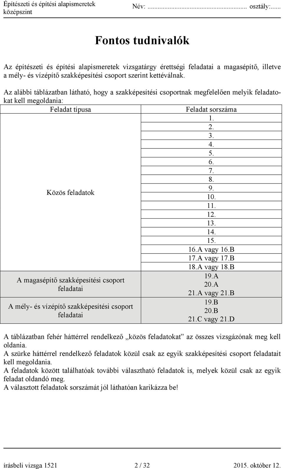 13. 14. 15. 16.A vagy 16.B 17.A vagy 17.B A magasépítő szakképesítési csoport feladatai A mély- és vízépítő szakképesítési csoport feladatai 18.A vagy 18.B 19.A 20.A 21.A vagy 21.B 19.B 20.B 21.