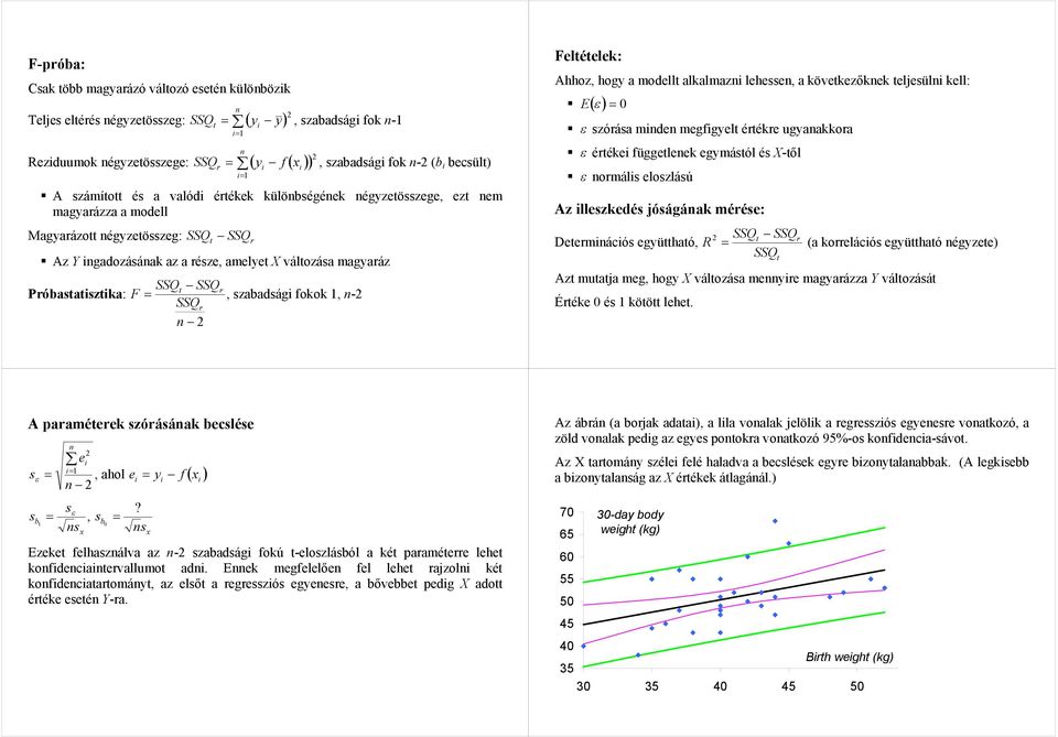 F, szabadsági fokok, - SSQ Feltételek: Ahhoz, hogy a modellt alkalmazi lehesse, a következőkek teljesüli kell: E ( ε) ε szóása mide megfigyelt étéke ugyaakkoa ε étékei függetleek egymástól és X-től ε