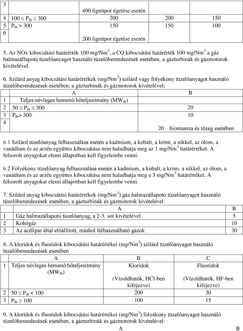 Szilárd anyag kibocsátási határértékek (mg/nm 3 ) szilárd vagy folyékony tüzelőanyagot használó tüzelőberendezések esetében, a gázturbinák és gázmotorok kivételével: A B 1 Teljes névleges bemenő