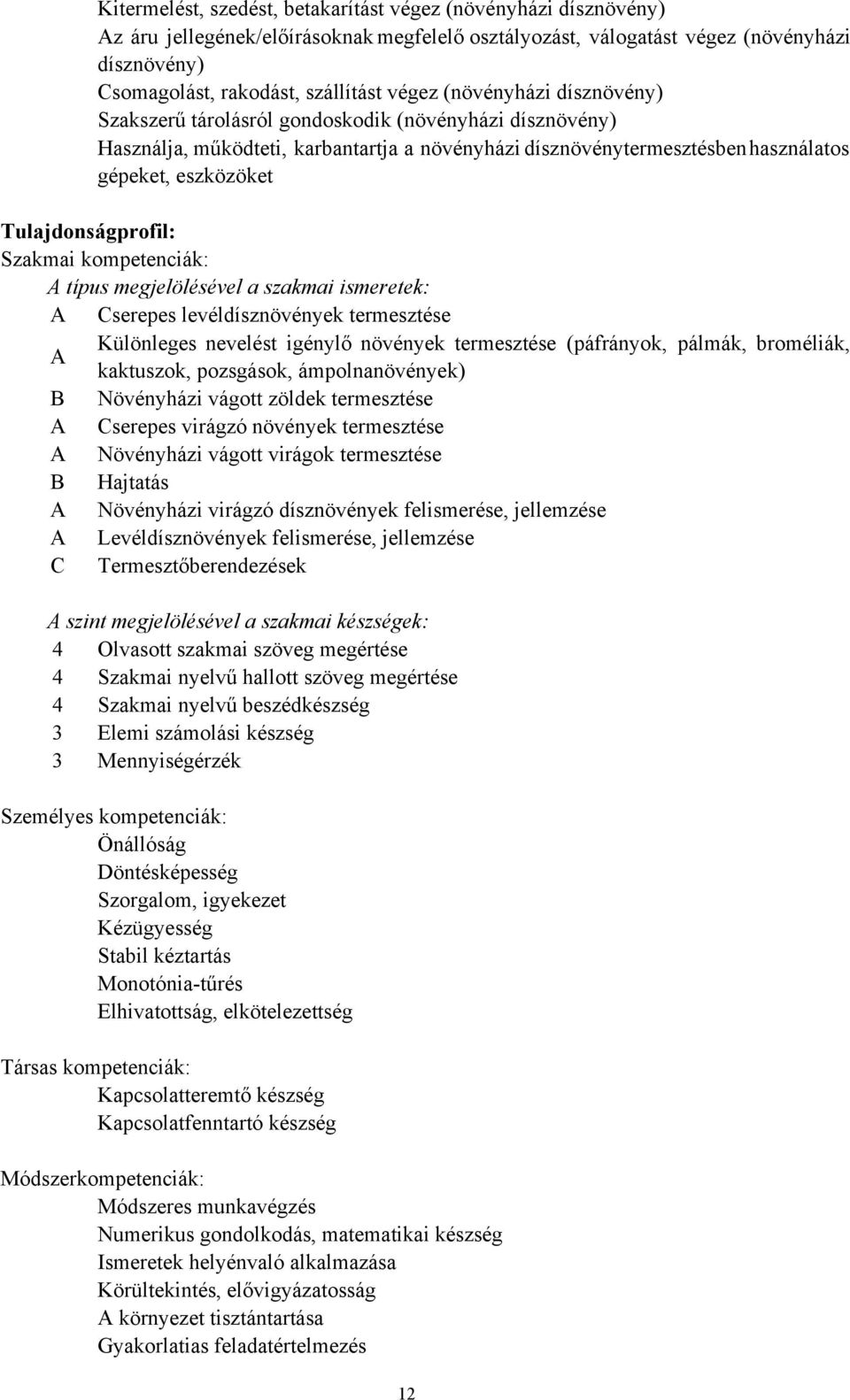 Tulajdonságprofil: Szakmai kompetenciák: A típus megjelölésével a szakmai ismeretek: A Cserepes levéldísznövények termesztése Különleges nevelést igénylő növények termesztése (páfrányok, pálmák,