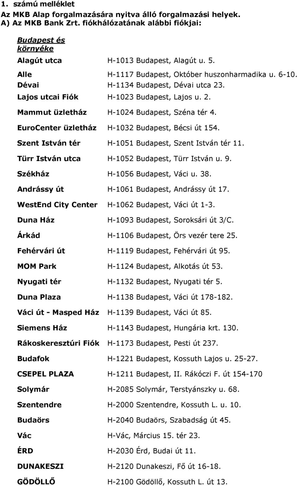 EuroCenter üzletház H-1032 Budapest, Bécsi út 154. Szent István tér H-1051 Budapest, Szent István tér 11. Türr István utca H-1052 Budapest, Türr István u. 9. Székház H-1056 Budapest, Váci u. 38.