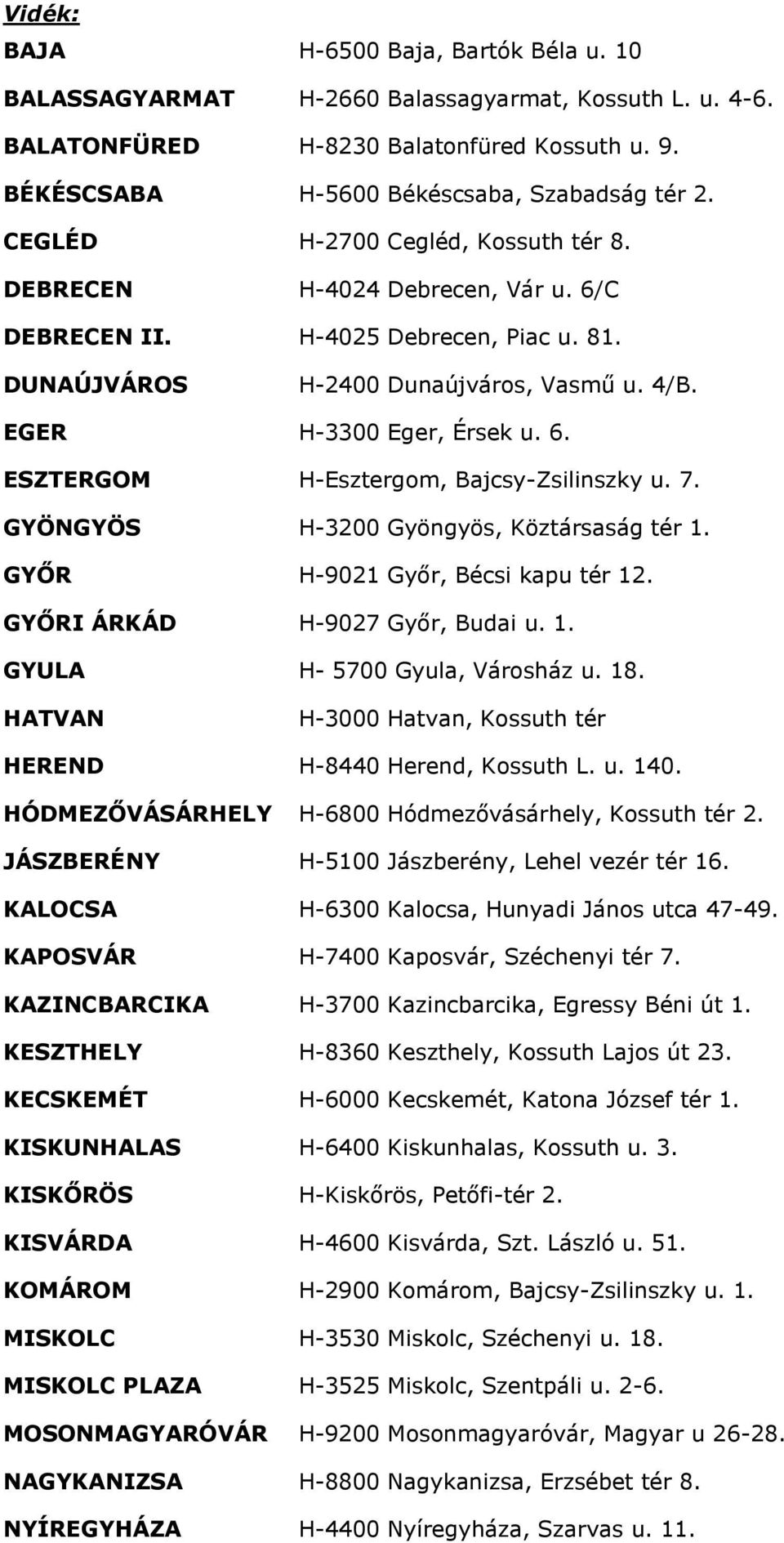 7. GYÖNGYÖS H-3200 Gyöngyös, Köztársaság tér 1. GYŐR H-9021 Győr, Bécsi kapu tér 12. GYŐRI ÁRKÁD H-9027 Győr, Budai u. 1. GYULA H- 5700 Gyula, Városház u. 18.