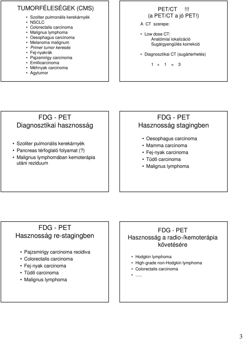 ) A CT szerepe: Low dose CT: Anatómiai lokalizáció Sugárgyengülés korrekció Diagnosztikai CT (sugárterhelés) 1 + 1 = 3 Diagnosztikai hasznosság Szoliter pulmonális kerekárnyék Pancreas térfoglaló