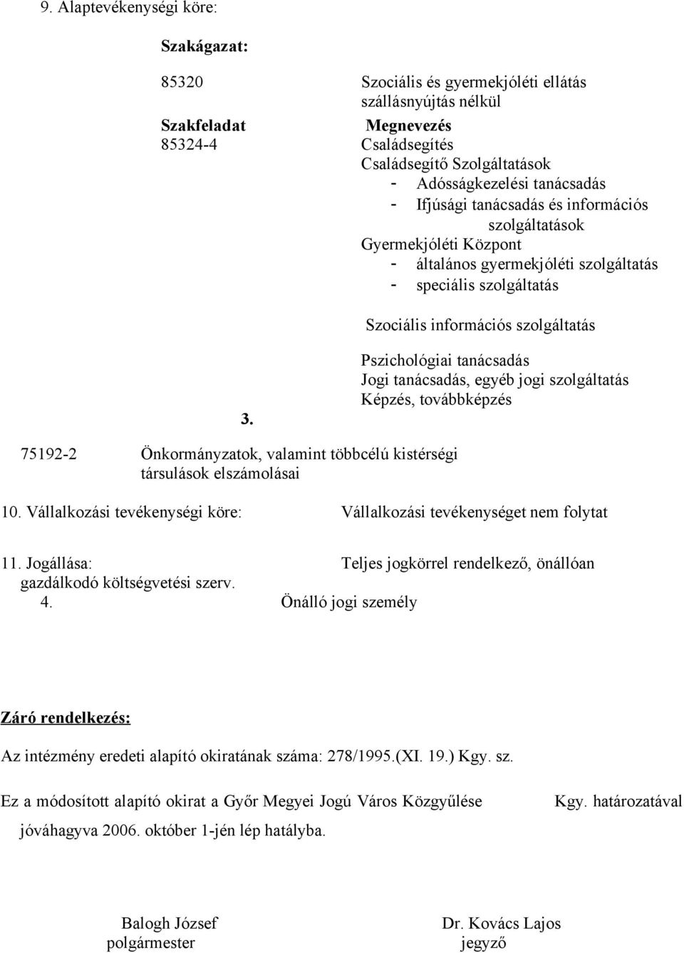 Pszichológiai tanácsadás Jogi tanácsadás, egyéb jogi szolgáltatás Képzés, továbbképzés 75192-2 Önkormányzatok, valamint többcélú kistérségi társulások elszámolásai 10.