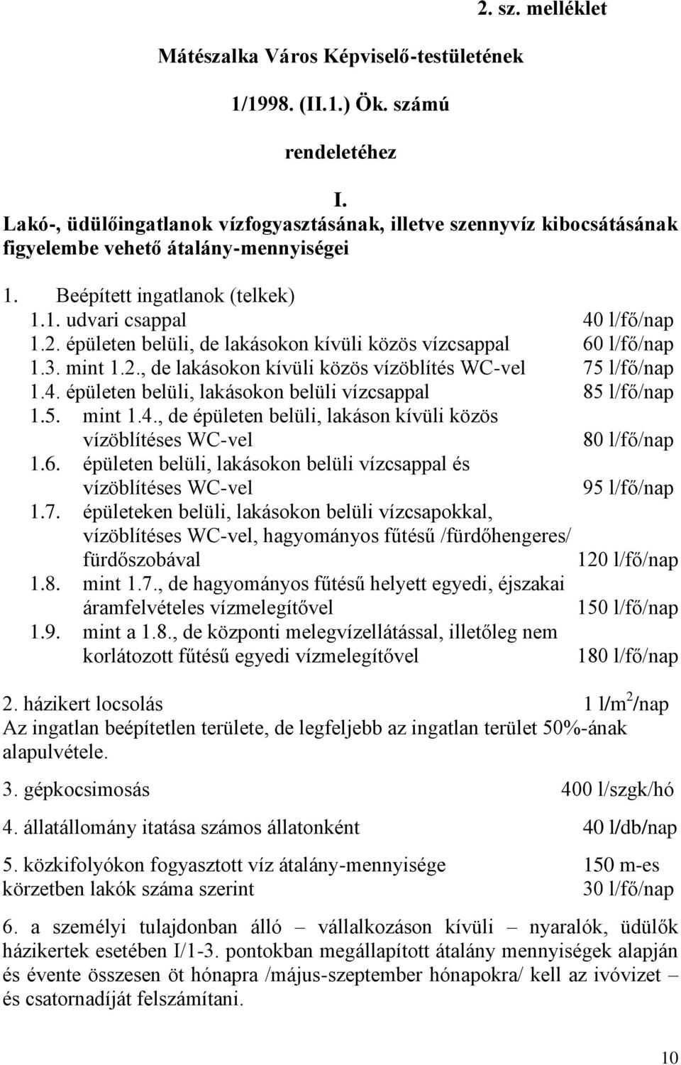 épületen belüli, de lakásokon kívüli közös vízcsappal 60 l/fő/nap 1.3. mint 1.2., de lakásokon kívüli közös vízöblítés WC-vel 75 l/fő/nap 1.4.