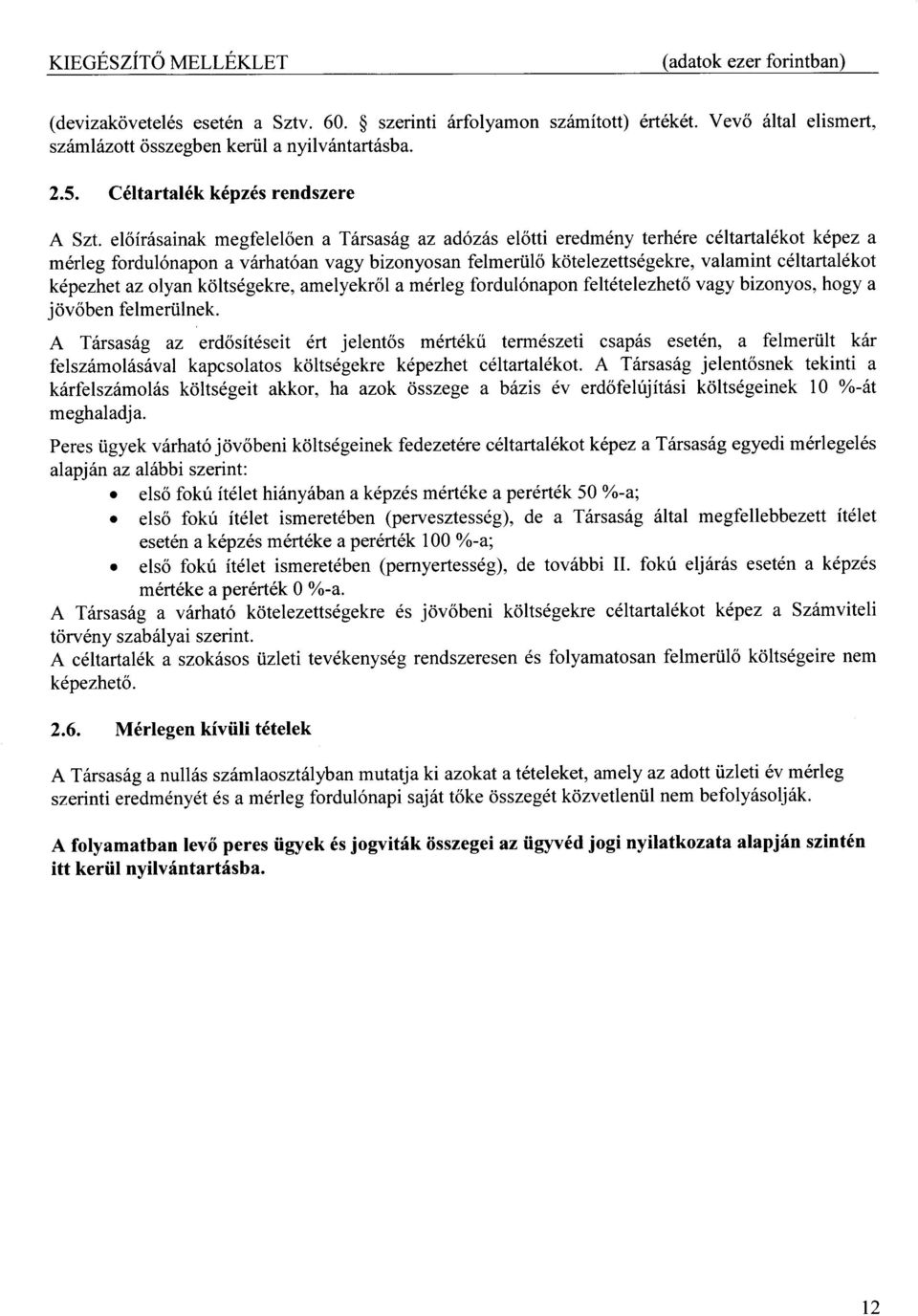 eloiriisainak megfeleloen a T6rsasbg az adozls elotti eredm6ny terh6re c6ltartaldkot kepez a m6rleg fordul6napon a virhat6an vagy bizonyosan felmeriilo kdtelezettsdgekre, valamint c6ltartaldkot