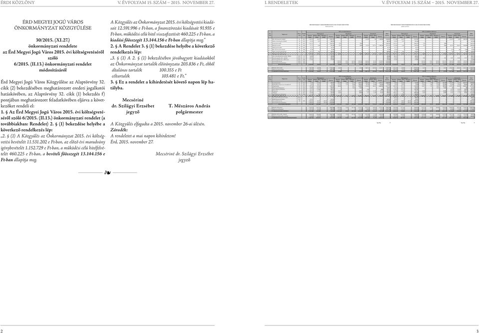 cikk (1) bekezdés f) pontjában meghatározott körében eljárva a következőket rendeli el: 1. Az Érd Megyei Jogú Város 2015. évi költségvetéséről szóló 6/2015. (II.13.