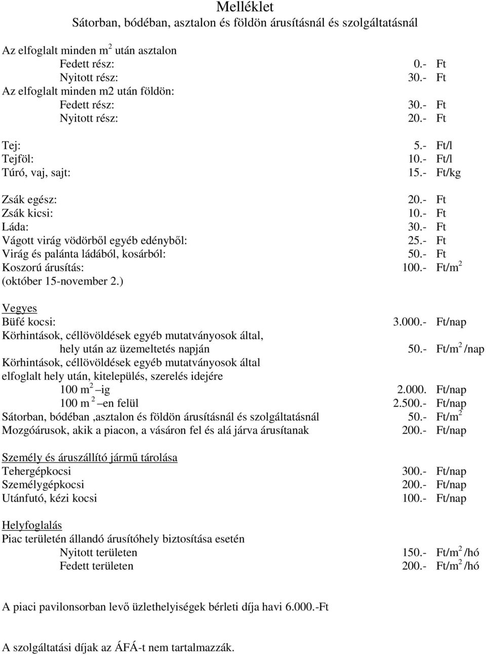 - Ft Vágott virág vödörből egyéb edényből: 25.- Ft Virág és palánta ládából, kosárból: 50.- Ft Koszorú árusítás: 100.- Ft/m 2 (október 15-november ) Vegyes Büfé kocsi: 3.000.