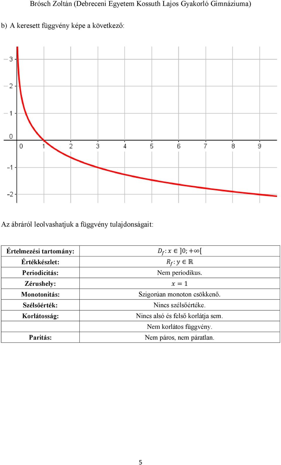 Zérushely: x = 1 Monotonitás: Szigorúan monoton csökkenő. Szélsőérték: Nincs szélsőértéke.