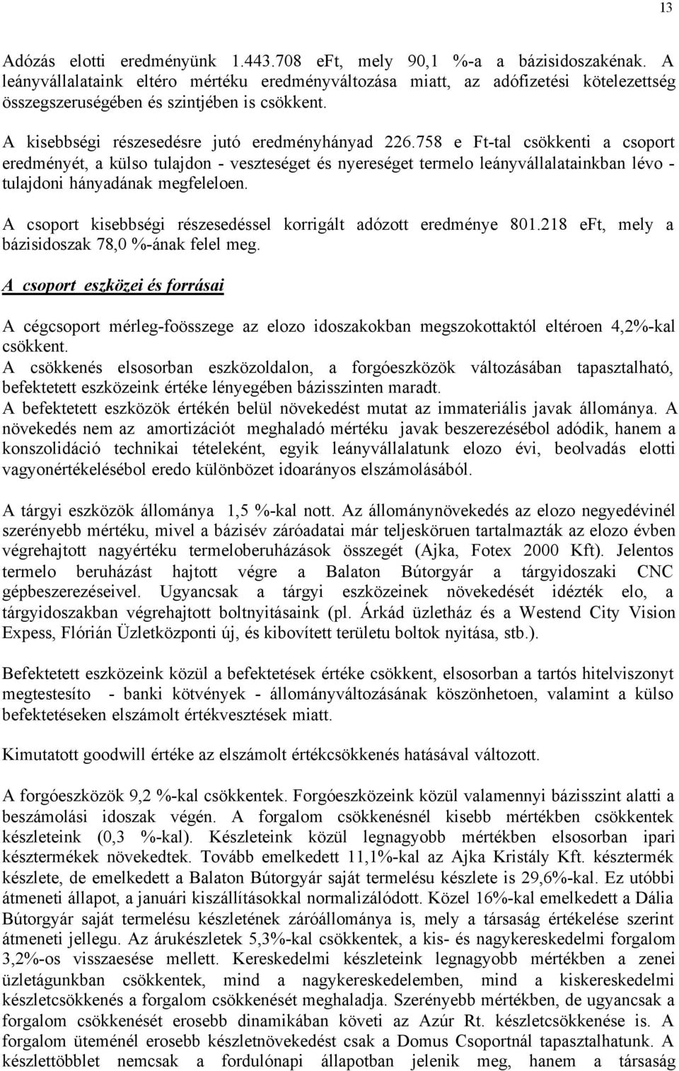 758 e Ft-tal csökkenti a csoport eredményét, a külso tulajdon - veszteséget és nyereséget termelo leányvállalatainkban lévo - tulajdoni hányadának megfeleloen.