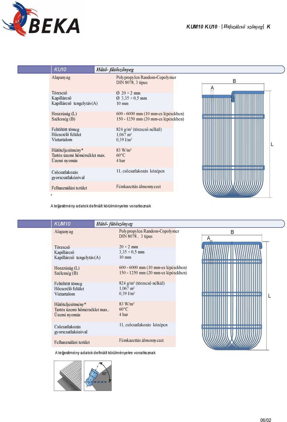 Csőcsatlakozás gyoscsatlakózóval * 824 g/m² (t özscső nélkül) 1,067 m² 0,39 l/m² 83 W/m² 60 C 4 ba 11, csőcsatlakozás középen Fémkazettás álmennyezet teljjesítmény adatok definiált köülményeke