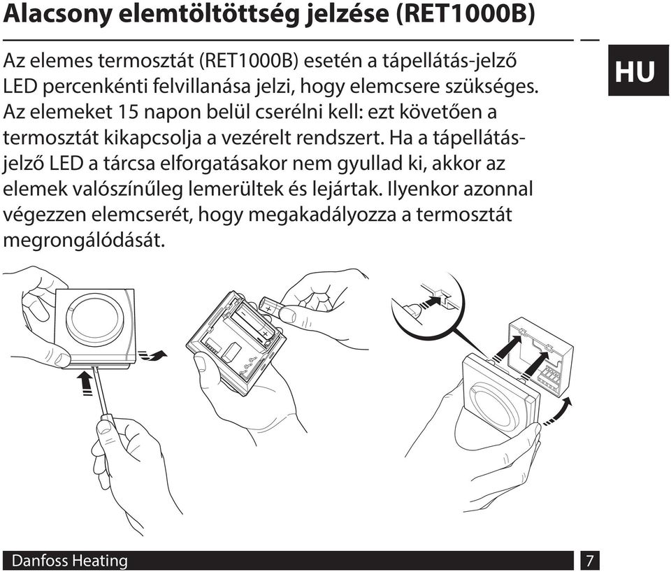 Az elemeket 15 napon belül cserélni kell: ezt követően a termosztát kikapcsolja a vezérelt rendszert.