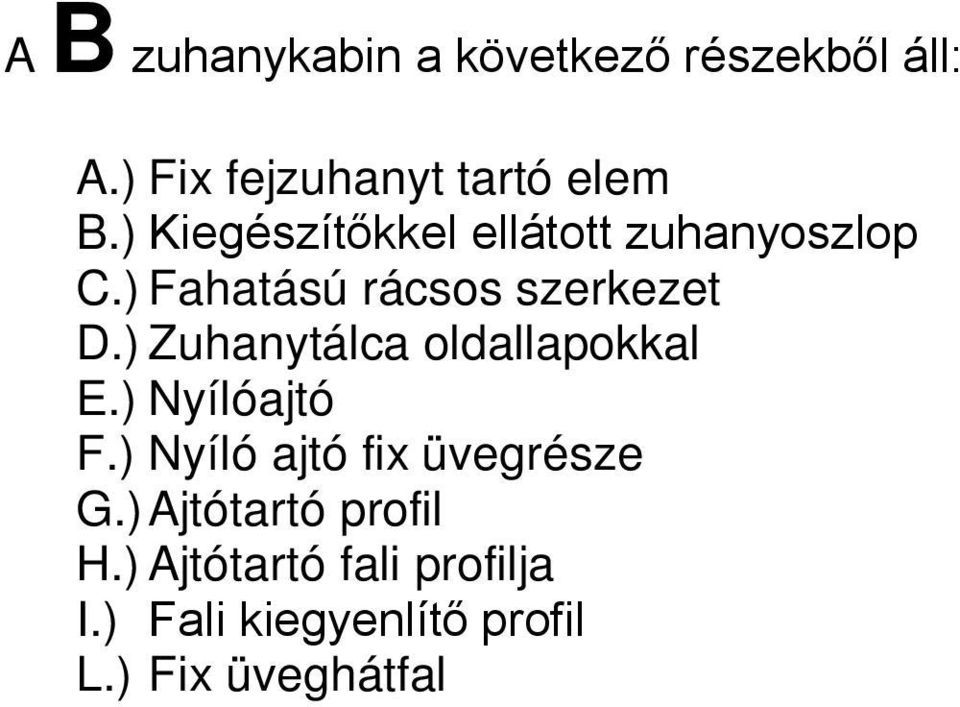 ) Zuhanytálca oldallapokkal E.) Nyílóajtó F.) Nyíló ajtó fix üvegrésze G.