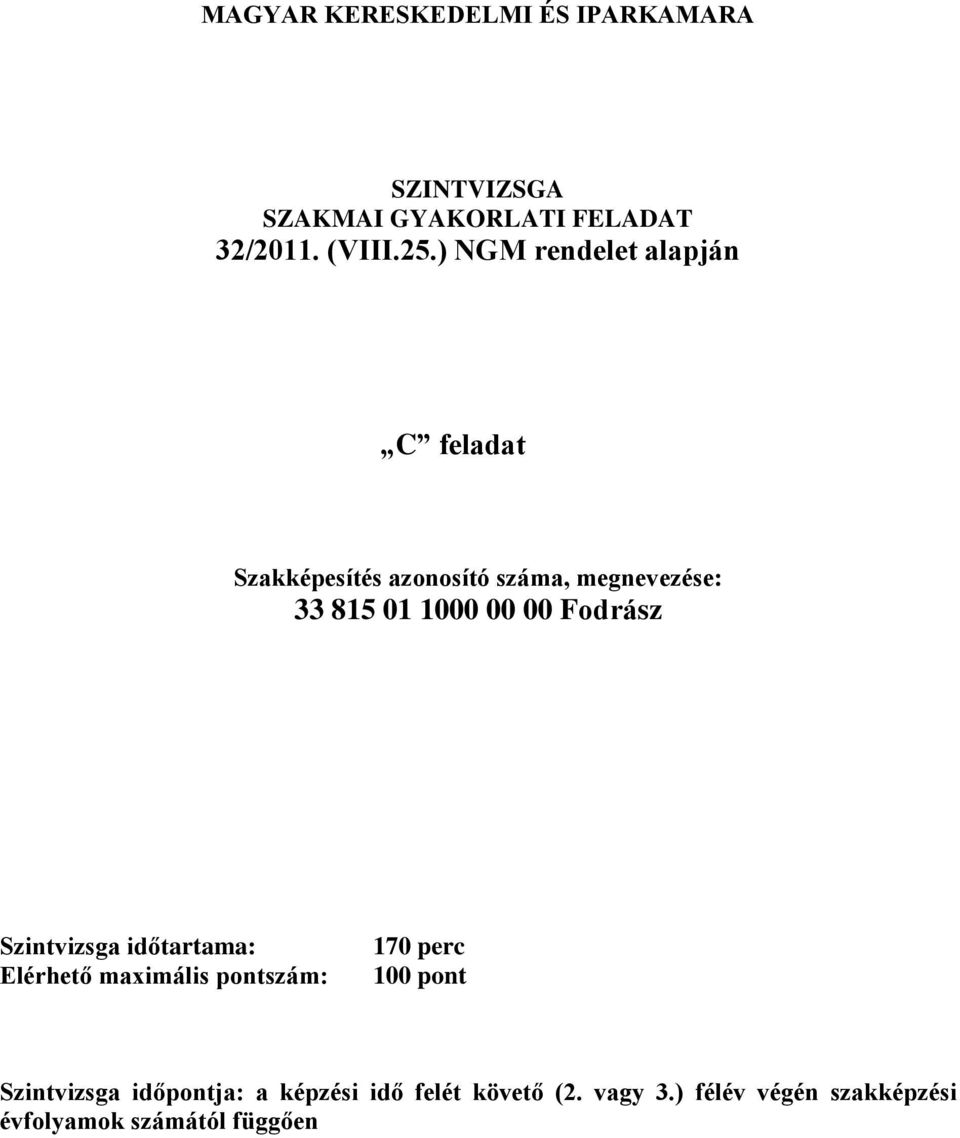 00 Fodrász Szintvizsga időtartama: Elérhető maximális pontszám: 170 perc 100 pont Szintvizsga