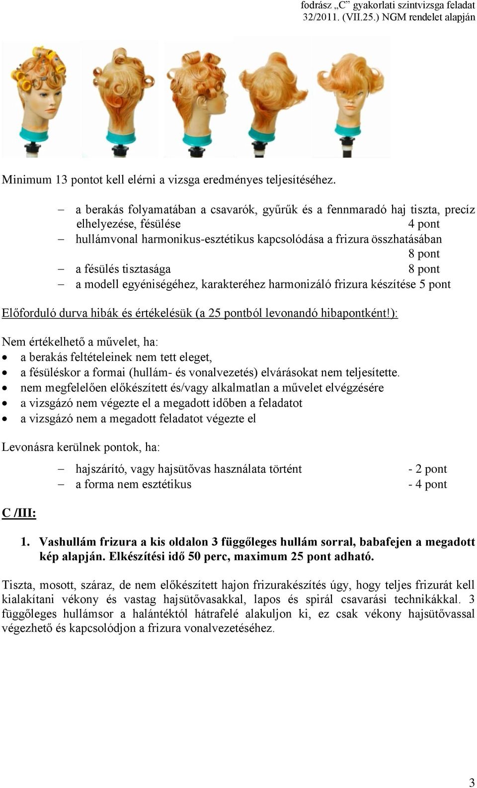 tisztasága 8 pont a modell egyéniségéhez, karakteréhez harmonizáló frizura készítése Előforduló durva hibák és értékelésük (a 2ból levonandó hibapontként!