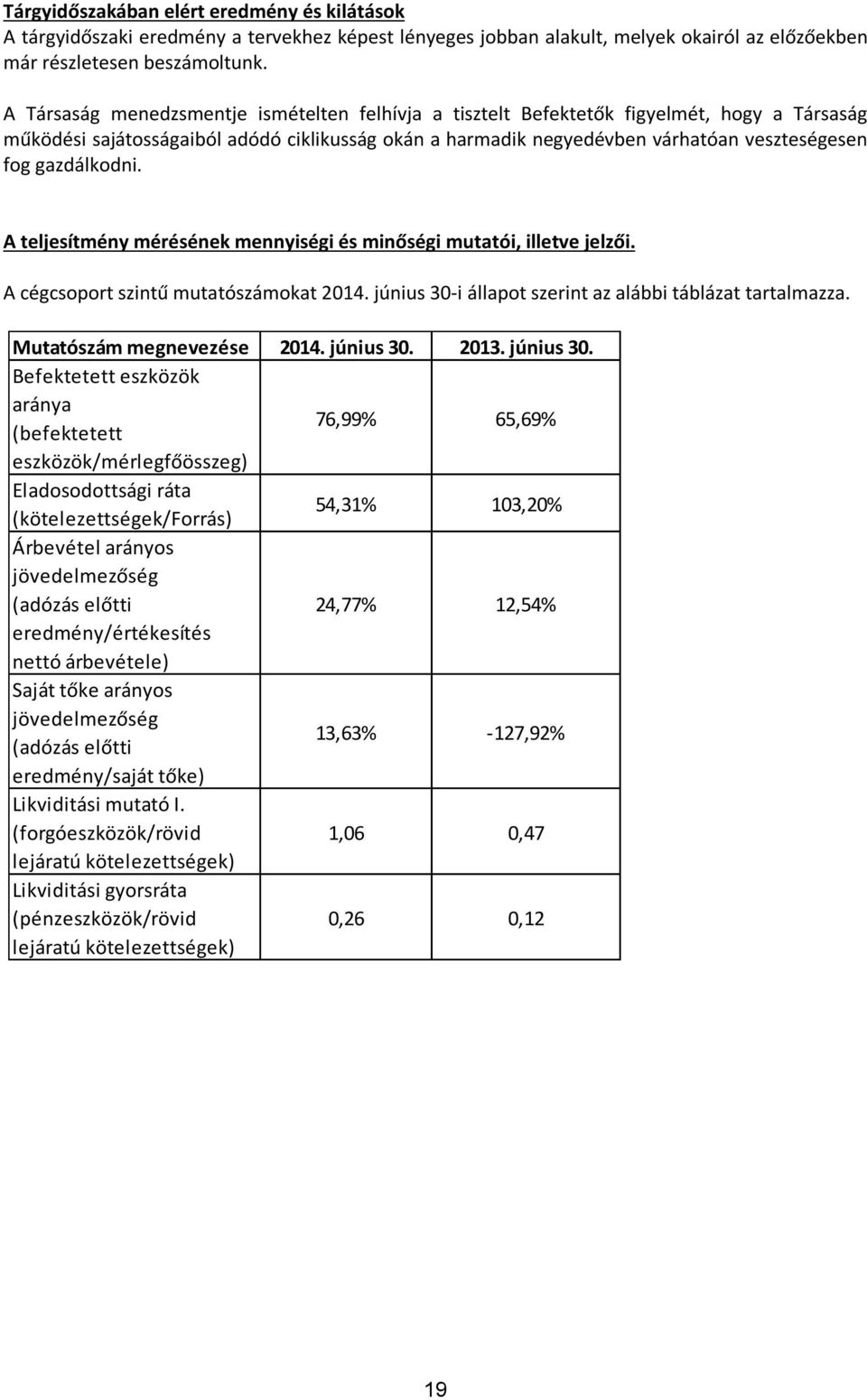 gazdálkodni. A teljesítmény mérésének mennyiségi és minőségi mutatói, illetve jelzői. A cégcsoport szintű mutatószámokat 2014. június 30-i állapot szerint az alábbi táblázat tartalmazza.