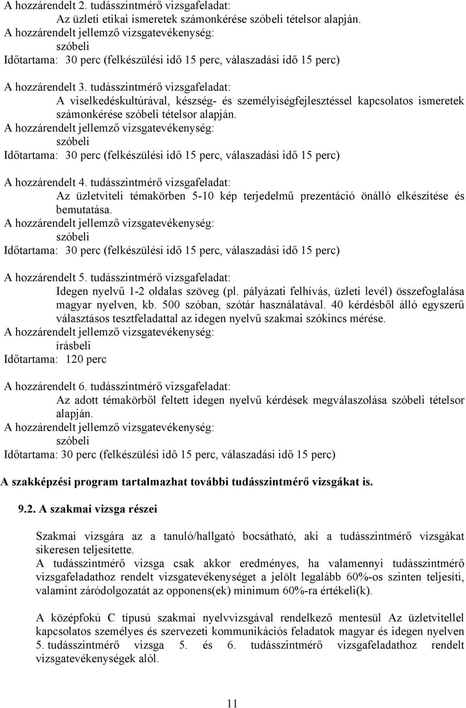 tudásszintmérő vizsgafeladat: A viselkedéskultúrával, készség- és személyiségfejlesztéssel kapcsolatos ismeretek számonkérése szóbeli tételsor alapján.