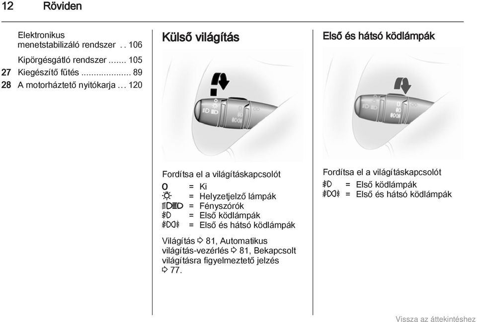 .. 120 Külső világítás Első és hátsó ködlámpák Fordítsa el a világításkapcsolót 7 = Ki 0 = Helyzetjelző lámpák 9P =