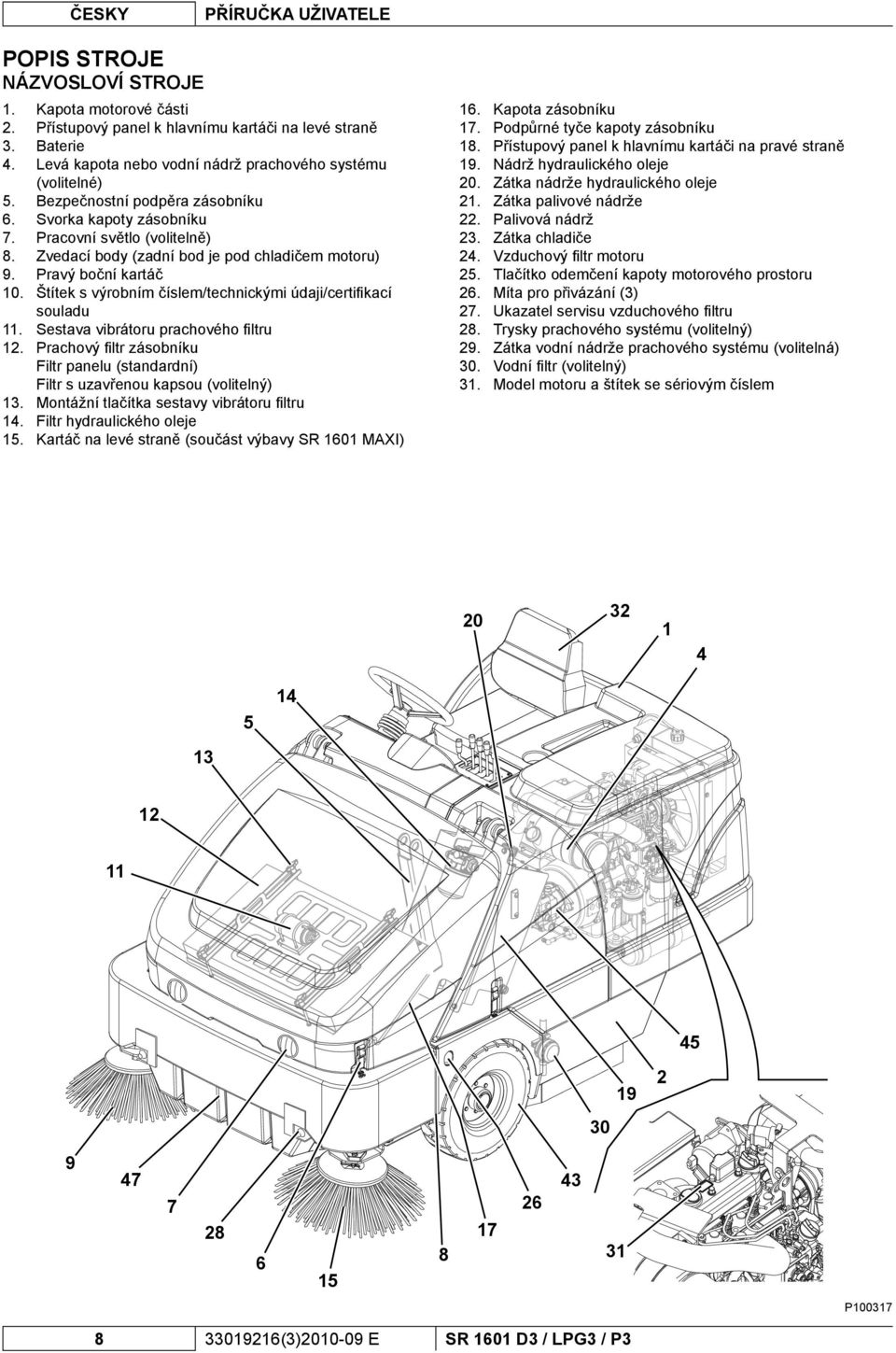 Zvedací body (zadní bod je pod chladičem motoru) 9. Pravý boční kartáč 10. Štítek s výrobním číslem/technickými údaji/certifi kací souladu 11. Sestava vibrátoru prachového fi ltru 12.