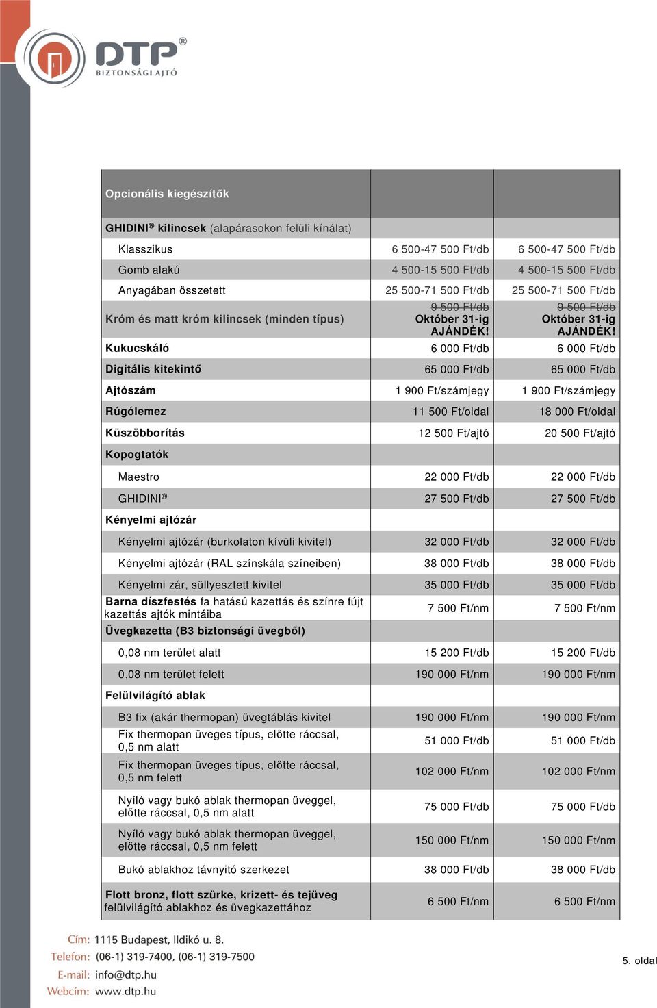 Ft/számjegy 1 900 Ft/számjegy Rúgólemez 11 500 Ft/oldal 18 000 Ft/oldal Küszöbborítás 12 500 Ft/ajtó 20 500 Ft/ajtó Kopogtatók Maestro 22 000 Ft/db 22 000 Ft/db GHIDINI 27 500 Ft/db 27 500 Ft/db