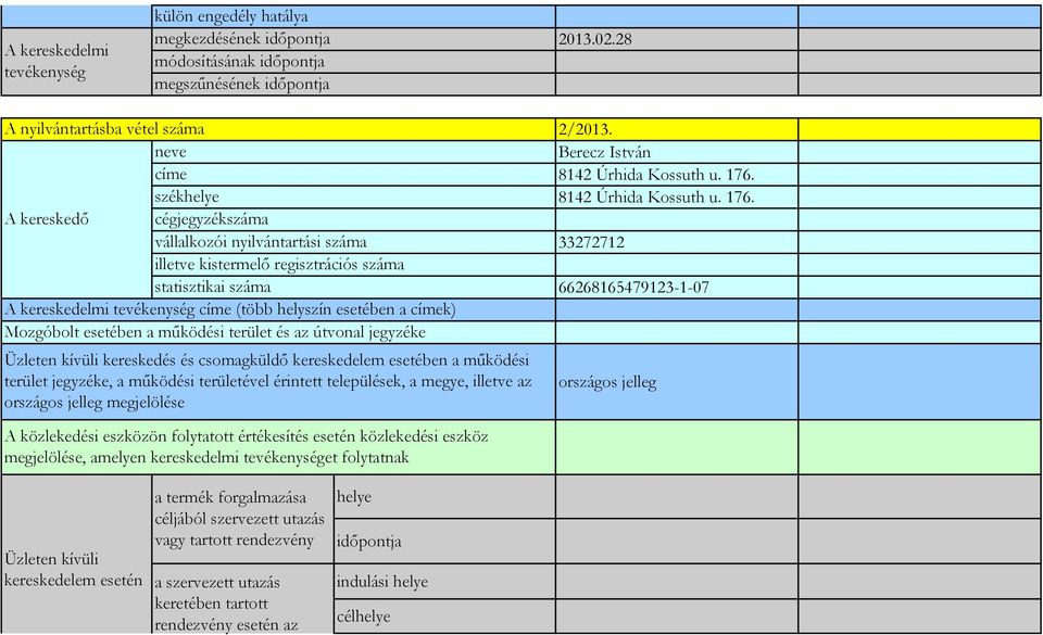 A kereskedő cégjegyzékszáma vállalkozói nyilvántartási száma 33272712 illetve kistermelő regisztrációs száma statisztikai száma 66268165479123-1-07 A kereskedelmi tevékenység címe (több helyszín