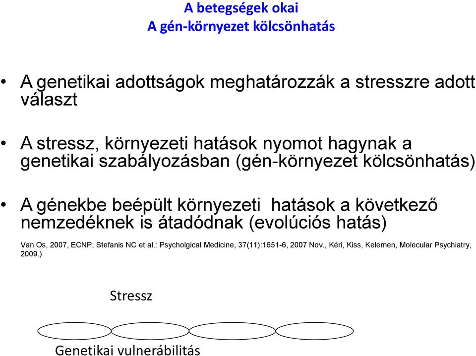 környezeti hatások a következő nemzedéknek is átadódnak (evolúciós hatás) Van Os, 2007, ECNP, Stefanis NC et al.