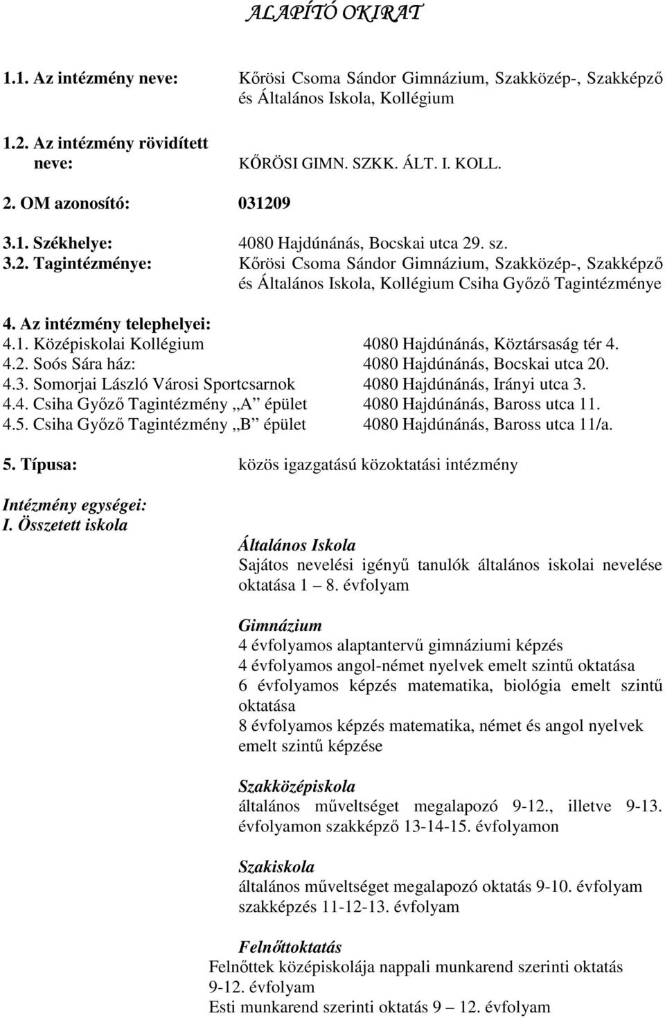 Az intézmény telephelyei: 4.1. Középiskolai Kollégium 4080 Hajdúnánás, Köztársaság tér 4. 4.2. Soós Sára ház: 4080 Hajdúnánás, Bocskai utca 20. 4.3.