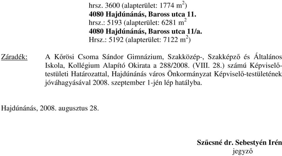 : 5192 (alapterület: 7122 m 2 ) Záradék: A Kırösi Csoma Sándor Gimnázium, Szakközép-, Szakképzı és Általános Iskola,