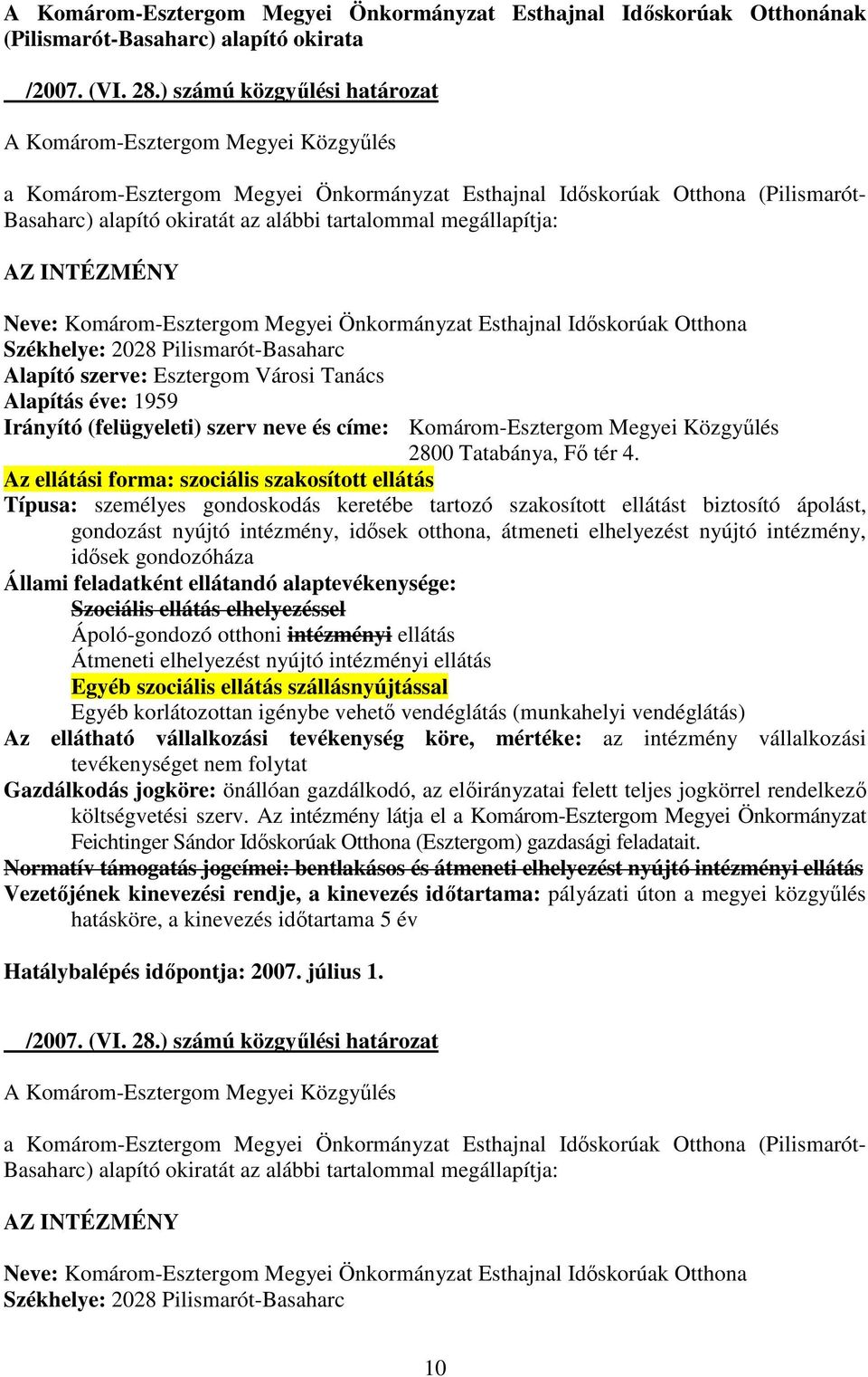 Városi Tanács Alapítás éve: 1959 Irányító (felügyeleti) szerv neve és címe: Komárom-Esztergom Megyei Közgyőlés Az ellátási forma: szociális szakosított ellátás Típusa: személyes gondoskodás keretébe