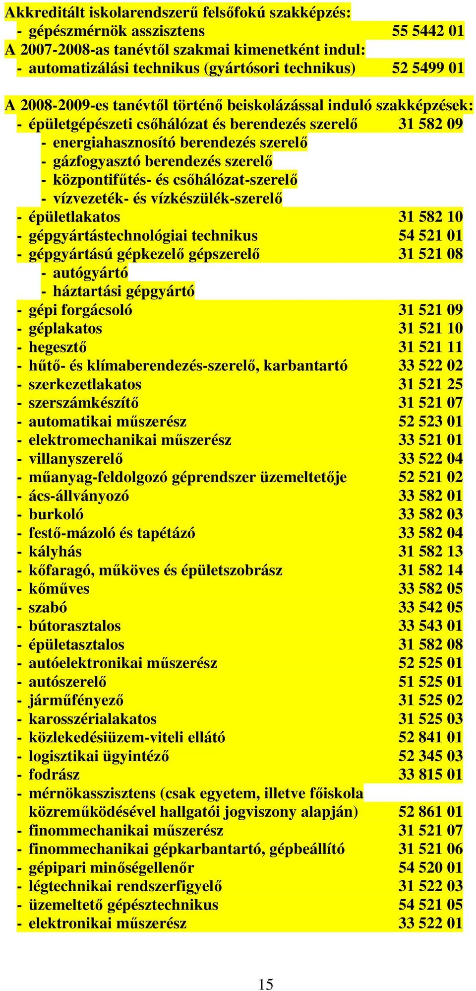 szerelı - központifőtés- és csıhálózat-szerelı - vízvezeték- és vízkészülék-szerelı - épületlakatos 31 582 10 - gépgyártástechnológiai technikus 54 521 01 - gépgyártású gépkezelı gépszerelı 31 521 08