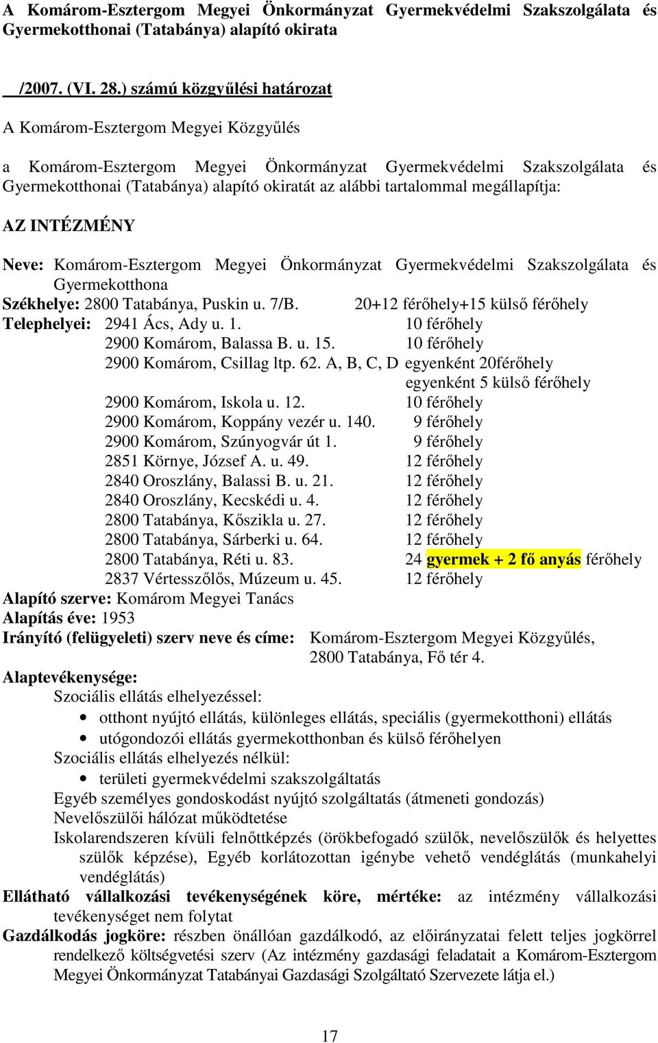 Puskin u. 7/B. 20+12 férıhely+15 külsı férıhely Telephelyei: 2941 Ács, Ady u. 1. 10 férıhely 2900 Komárom, Balassa B. u. 15. 10 férıhely 2900 Komárom, Csillag ltp. 62.