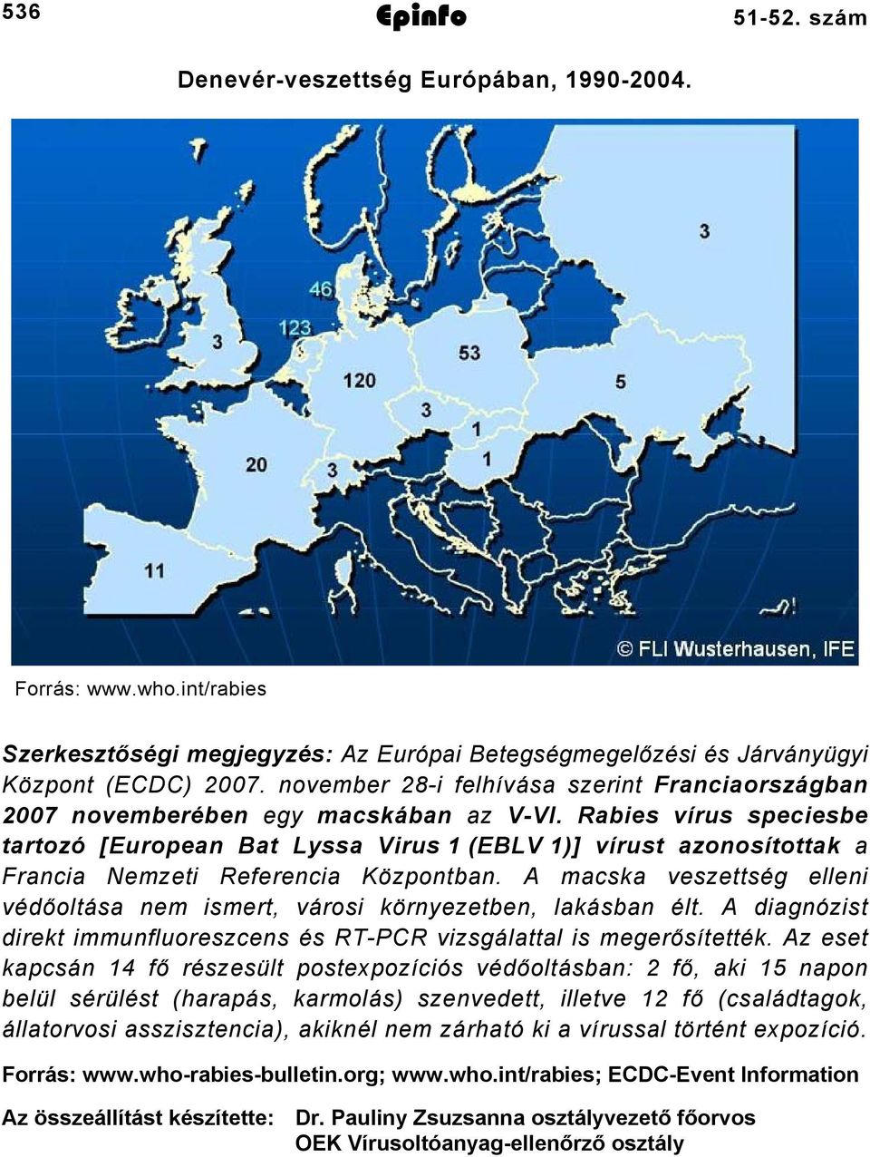 Rabies vírus speciesbe tartozó [European Bat Lyssa Virus 1 (EBLV 1)] vírust azonosítottak a Francia Nemzeti Referencia Központban.