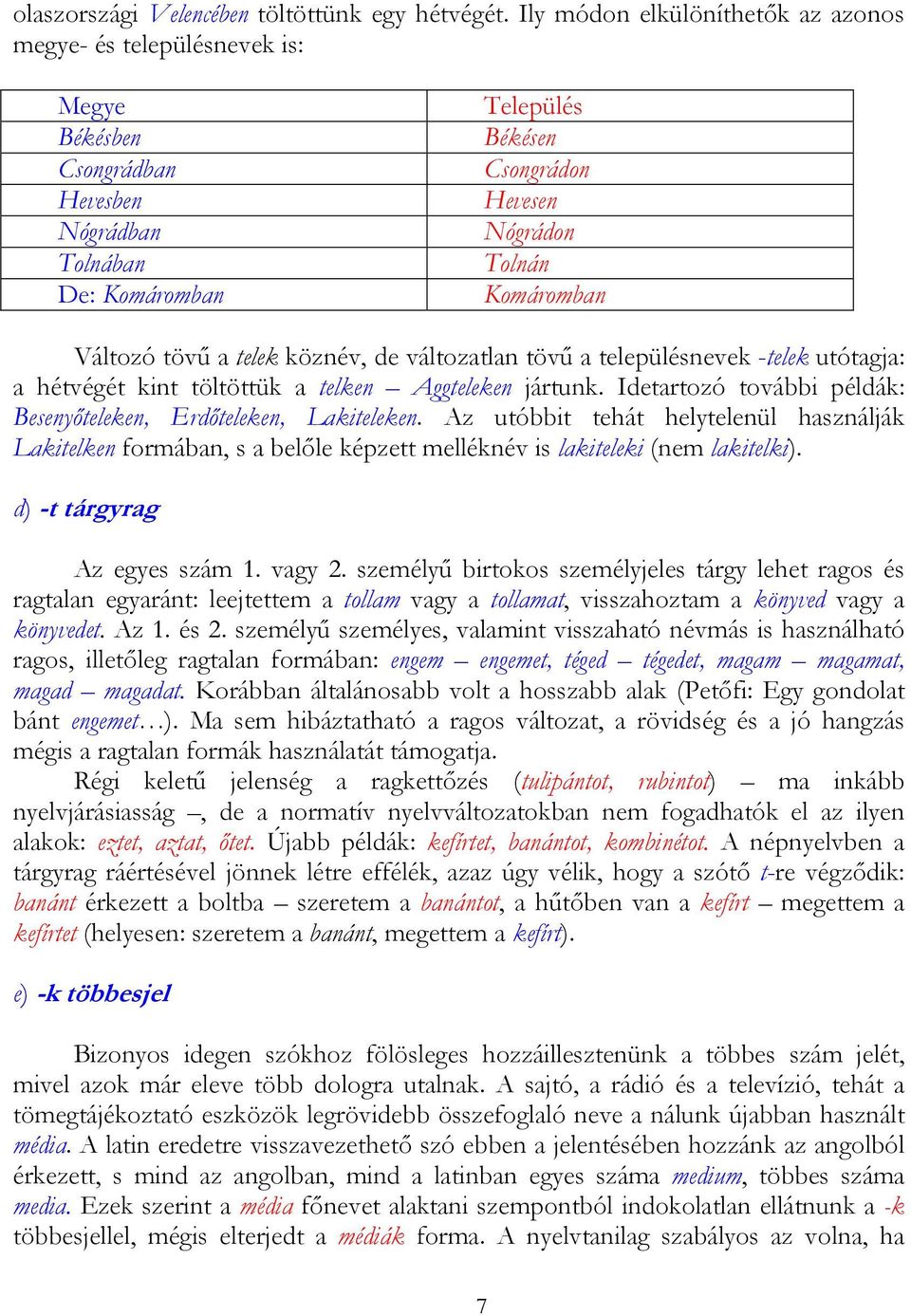 Változó tövű a telek köznév, de változatlan tövű a településnevek -telek utótagja: a hétvégét kint töltöttük a telken Aggteleken jártunk.