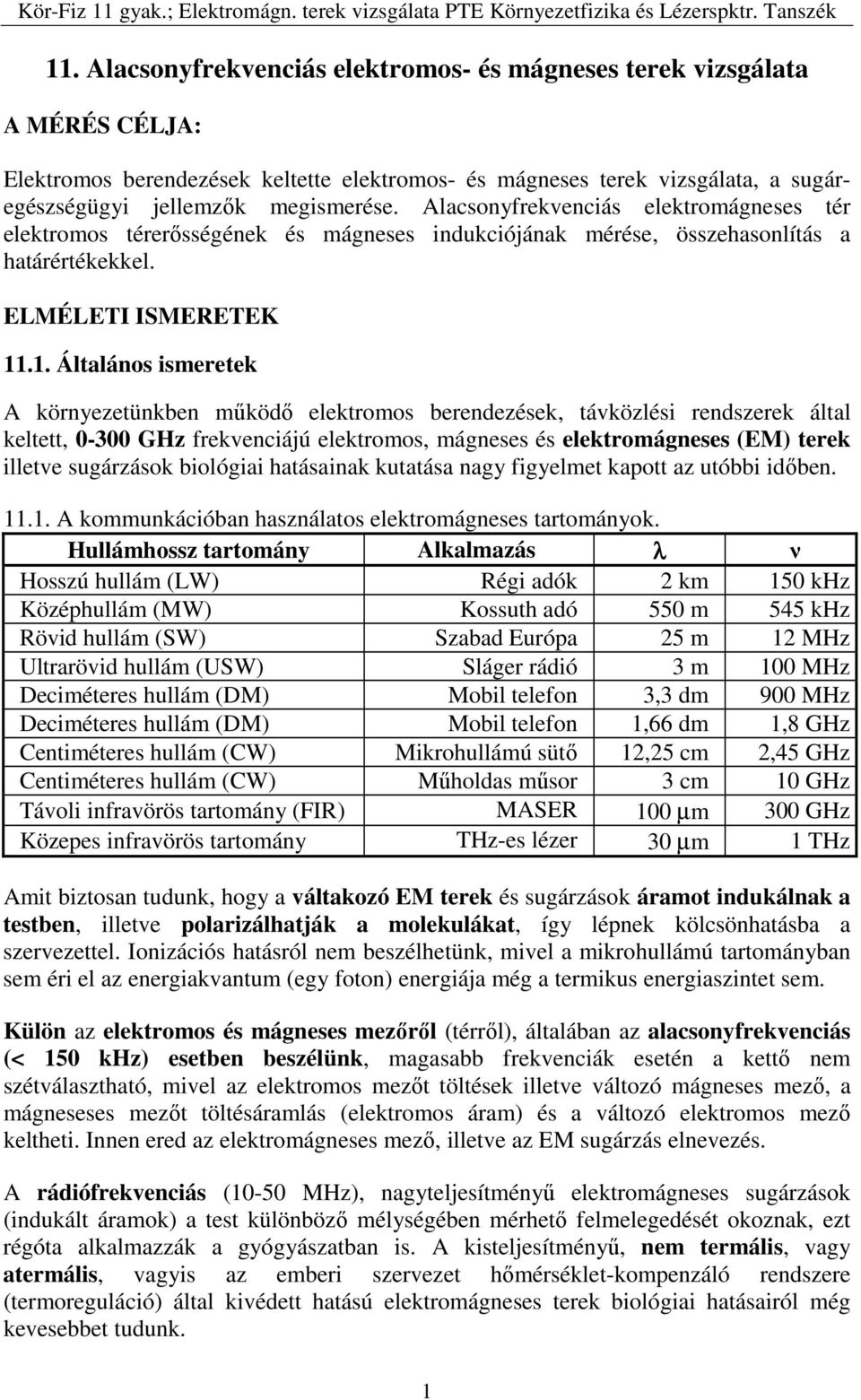 .1. Általános ismeretek A környezetünkben működő elektromos berendezések, távközlési rendszerek által keltett, 0-300 GHz frekvenciájú elektromos, mágneses és elektromágneses (EM) terek illetve