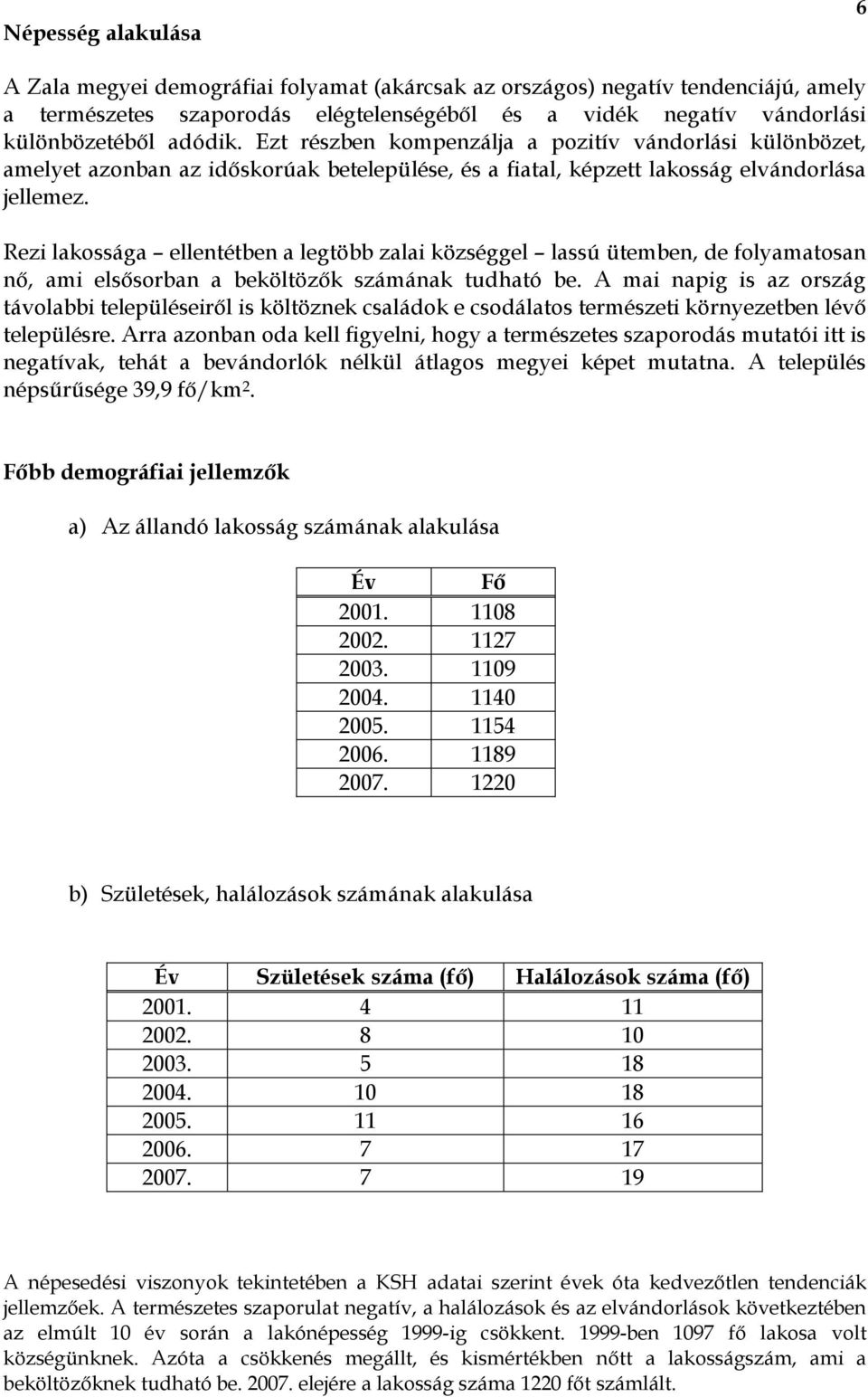 Rezi lakossága ellentétben a legtöbb zalai községgel lassú ütemben, de folyamatosan nő, ami elsősorban a beköltözők számának tudható be.