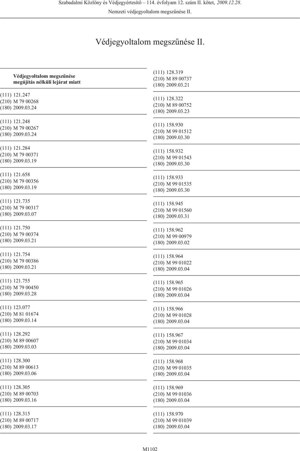 750 (210) M 79 00374 (180) 2009.03.21 (111) 121.754 (210) M 79 00386 (180) 2009.03.21 (111) 121.755 (210) M 79 00450 (180) 2009.03.28 (111) 123.077 (210) M 81 01674 (180) 2009.03.14 (111) 128.