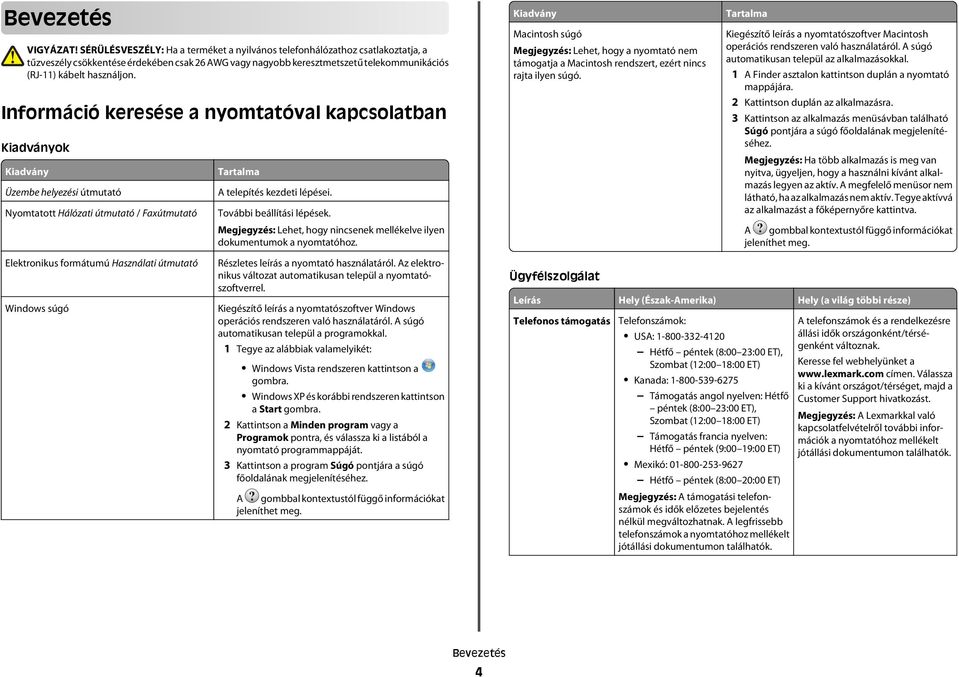 Információ keresése a nyomtatóval kapcsolatban Kiadványok Kiadvány Üzembe helyezési útmutató Nyomtatott Hálózati útmutató / Faxútmutató Tartalma A telepítés kezdeti lépései.