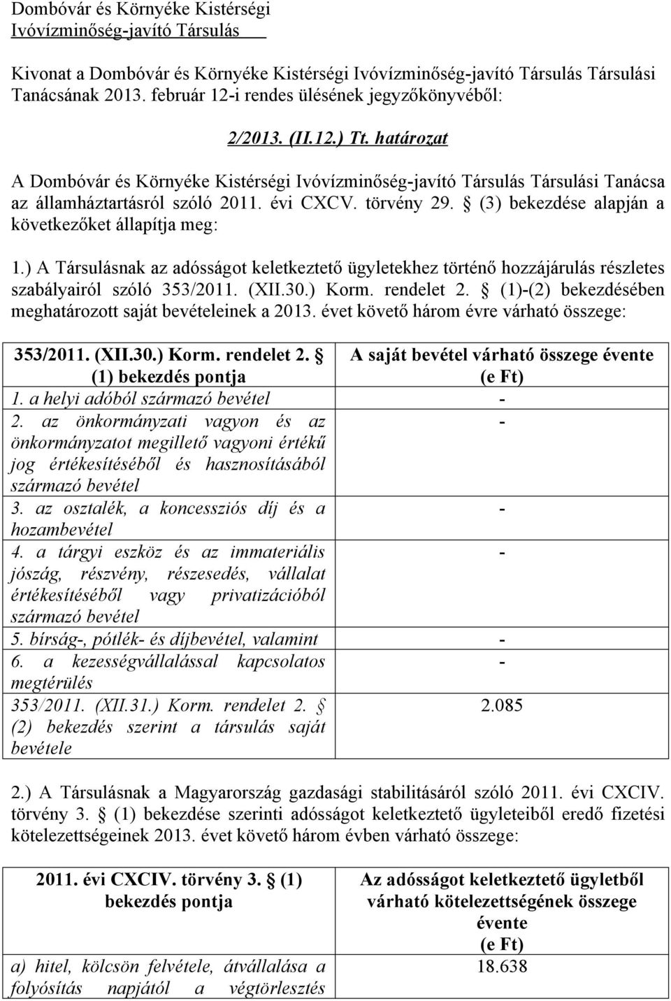 évi CXCV. törvény 29. (3) bekezdése alapján a következőket állapítja meg: 1.) A Társulásnak az adósságot keletkeztető ügyletekhez történő részletes szabályairól szóló 353/2011. (XII.30.) Korm.