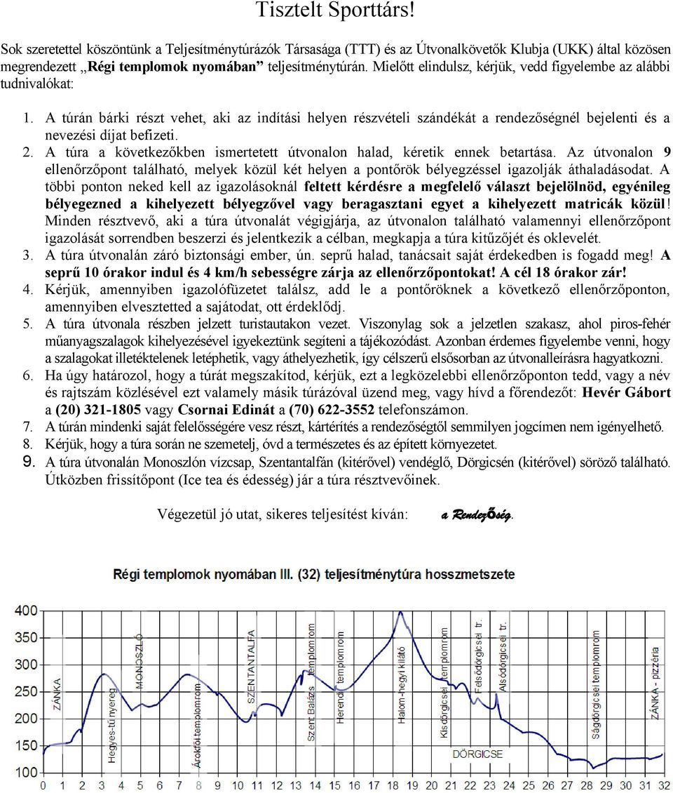 A túra a következőkben ismertetett útvonalon halad, kéretik ennek betartása. Az útvonalon 9 ellenőrzőpont található, melyek közül két helyen a pontőrök bélyegzéssel igazolják áthaladásodat.