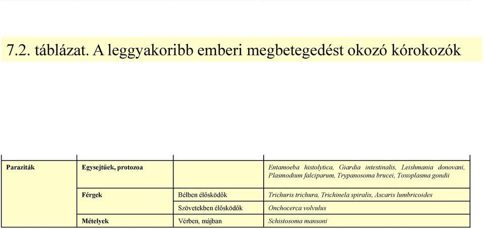 albicans, Cryptococcus neoformans, Aspergillus fumigatus, Pneumocystis carinii Paraziták Egysejtűek, protozoa Entamoeba histolytica, Giardia intestinalis, Leishmania donovani,