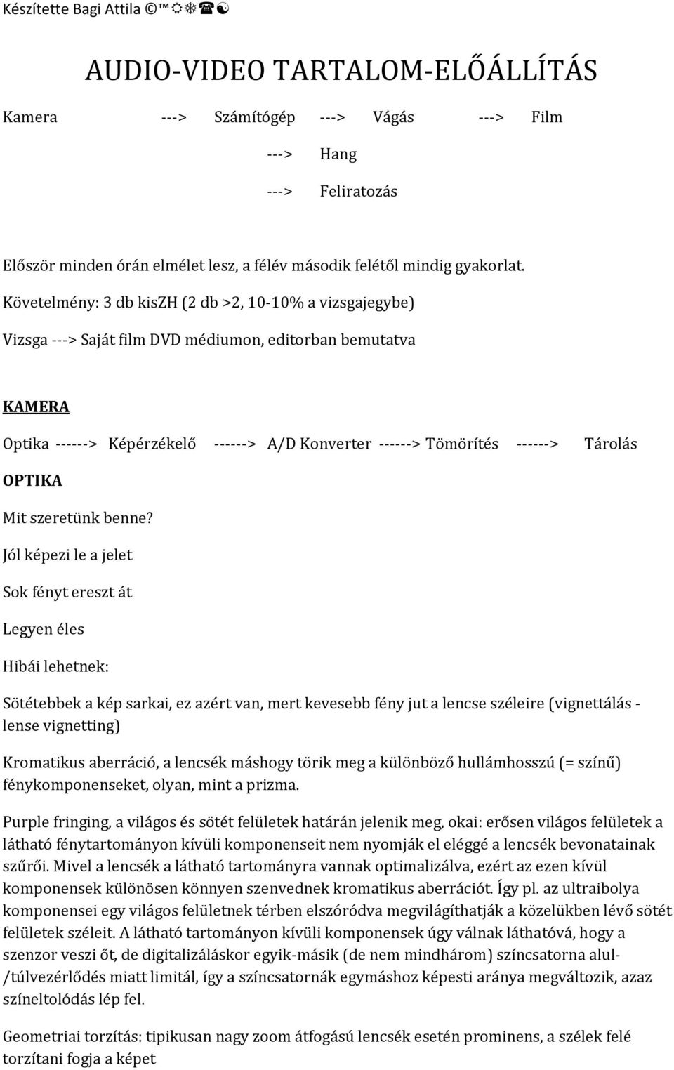 Követelmény: 3 db kiszh (2 db >2, 10-10% a vizsgajegybe) Vizsga ---> Saját film DVD médiumon, editorban bemutatva KAMERA Optika ------> Képérzékelő ------> A/D Konverter ------> Tömörítés ------>
