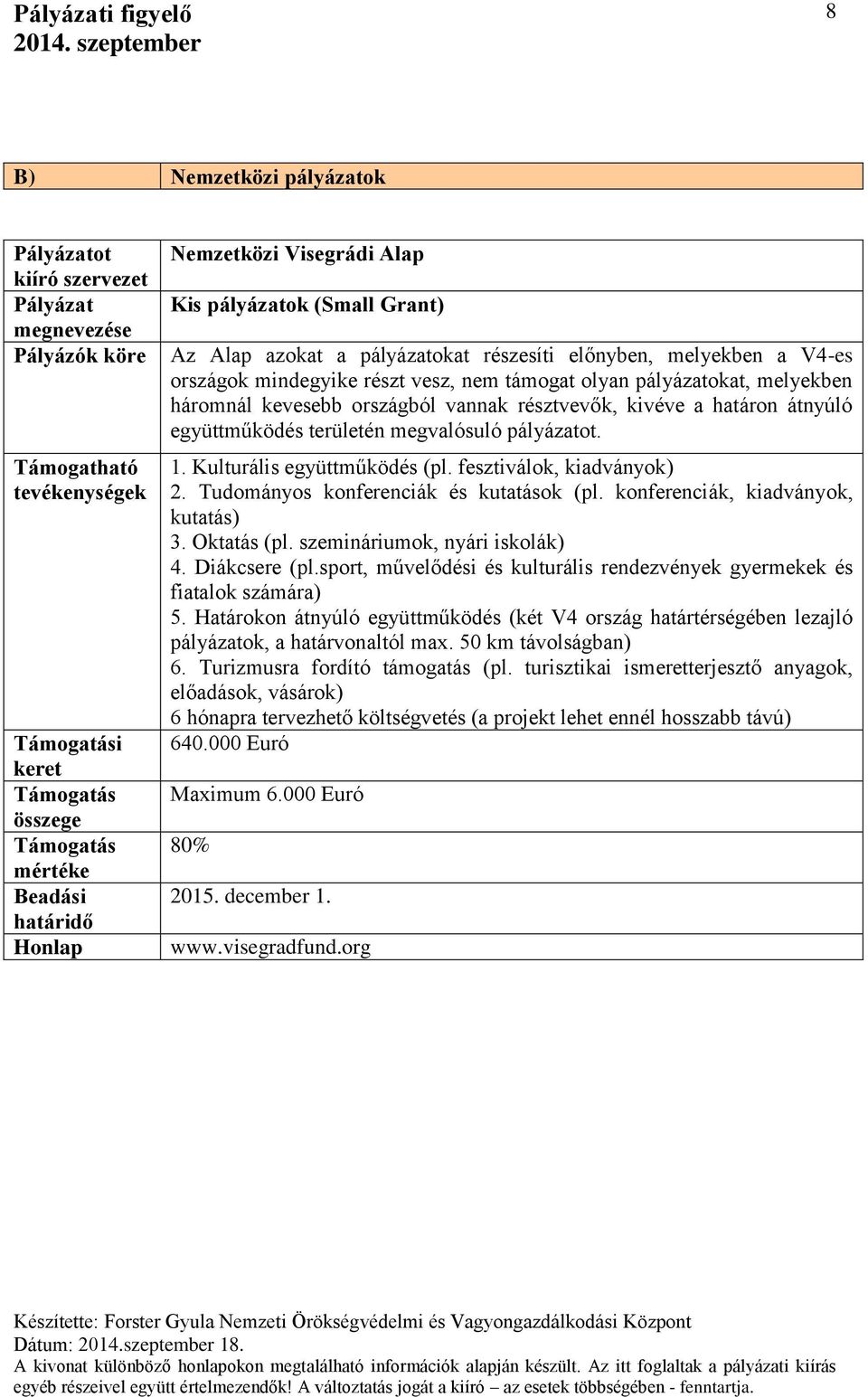 Kulturális együttműködés (pl. fesztiválok, kiadványok) 2. Tudományos konferenciák és kutatások (pl. konferenciák, kiadványok, kutatás) 3. Oktatás (pl. szemináriumok, nyári iskolák) 4. Diákcsere (pl.