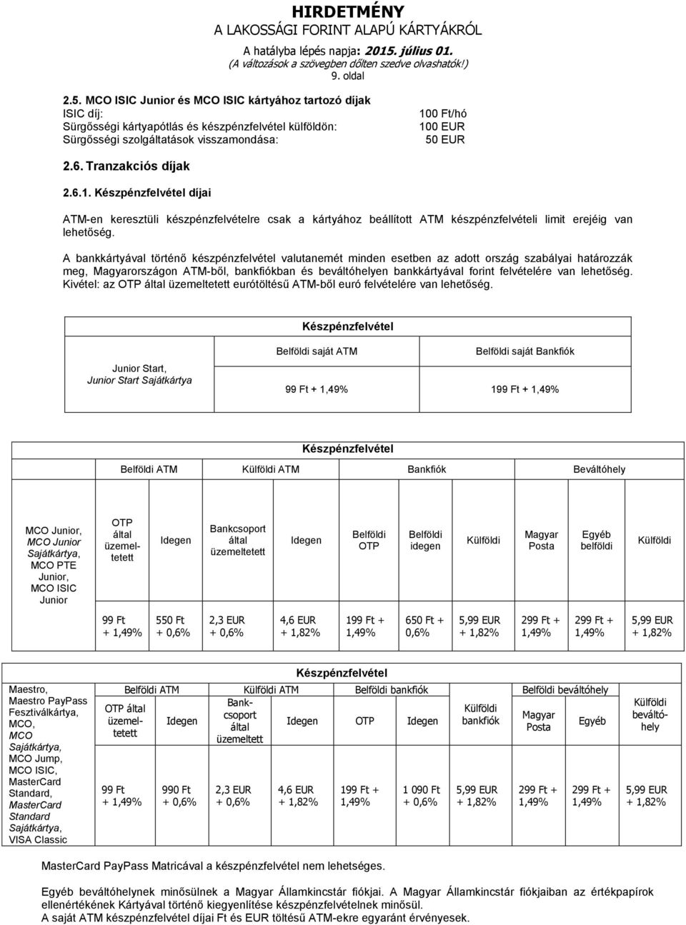 A bankkártyával történő készpénzfelvétel valutaét minden esetben az adott ország szabályai határozzák meg, Magyarországon ATM-ből, bankfiókban és beváltóhelyen bankkártyával forint felvételére van