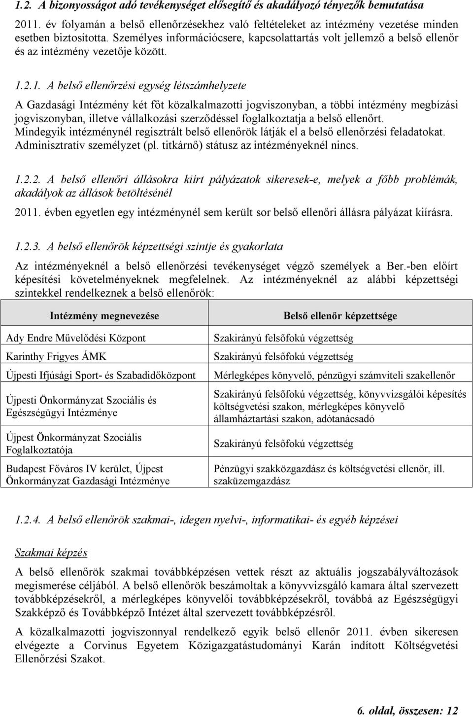 2.1. A belső ellenőrzési egység létszámhelyzete A Gazdasági Intézmény két főt közalkalmazotti jogviszonyban, a többi intézmény megbízási jogviszonyban, illetve vállalkozási szerződéssel