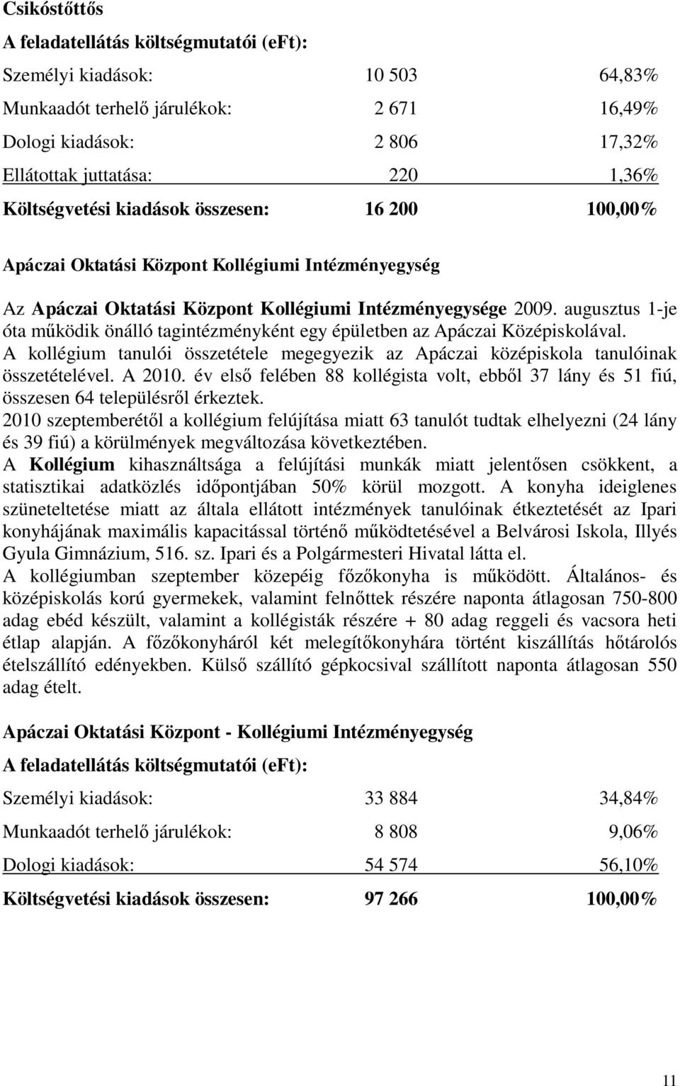 augusztus 1-je óta működik önálló tagintézményként egy épületben az Apáczai Középiskolával. A kollégium tanulói összetétele megegyezik az Apáczai középiskola tanulóinak összetételével. A 2010.