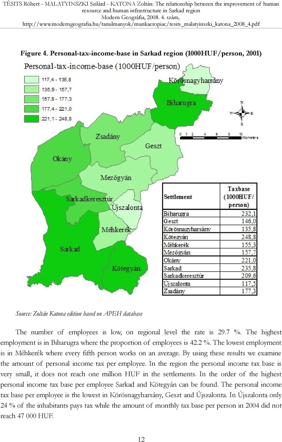 By using these results we examine the amount of personal income tax per employee. In the region the personal income tax base is very small, it does not reach one million HUF in the settlements.