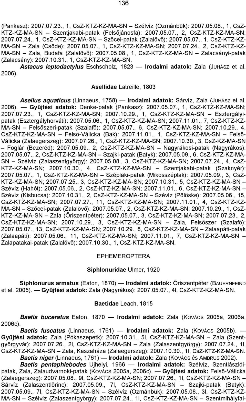 , 1, CsZ-KTZ-KZ-MA-SN Zalacsányi-patak (Zalacsány): 2007.10.31., 1, CsZ-KTZ-KZ-MA-SN. Astacus leptodactylus Eschscholz, 1823 Irodalmi adatok: Zala (JUHÁSZ et al. 2006).