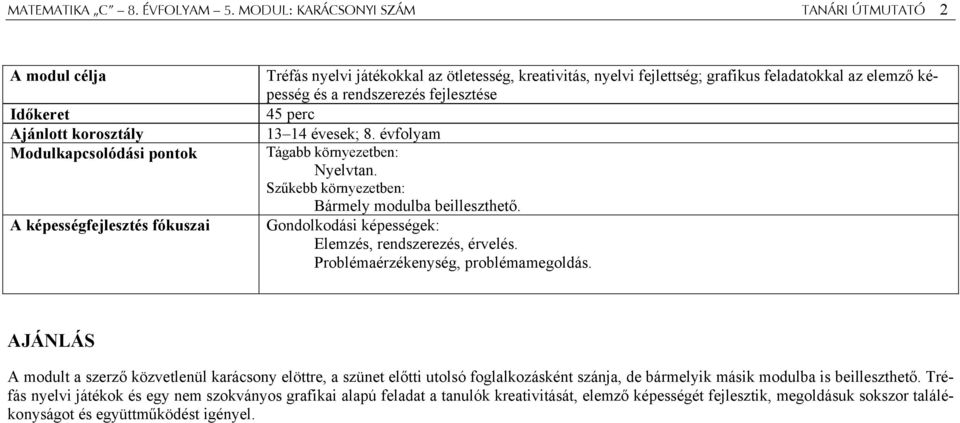 fejlettség; grafikus feladatokkal az elemző képesség és a rendszerezés fejlesztése perc évesek; 8. évfolyam Tágabb környezetben: Nyelvtan. Szűkebb környezetben: Bármely modulba beilleszthető.